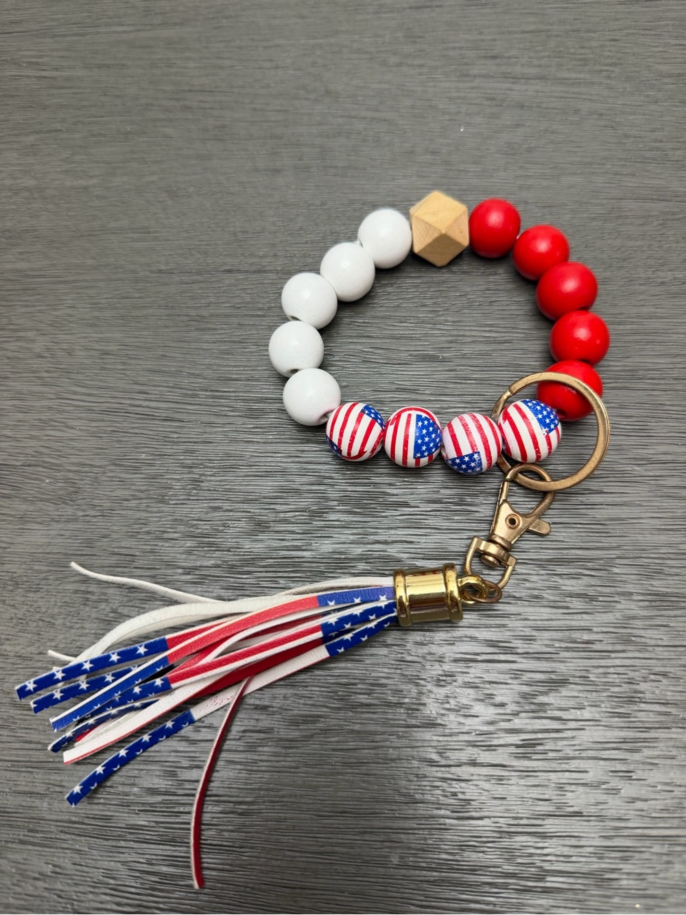 Patriotic Red & White Beaded Keyring Wristlet with Tassel